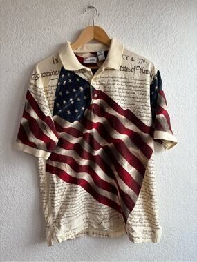 American Summer Patriotic Flag Print Polo Shirt Cotton Large